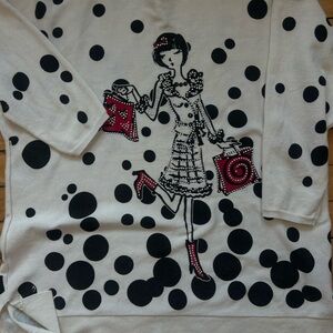 Cream Polka Dot Crewneck Sweater with Shopper Girl Graphic